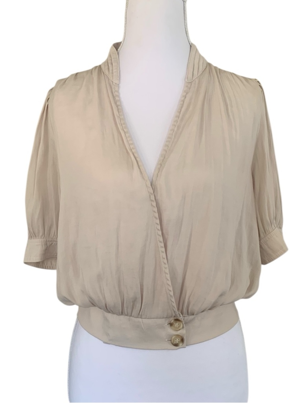 Champagne Romantic Blouse | Old Money Quiet Luxury Silky Draped Top Size M